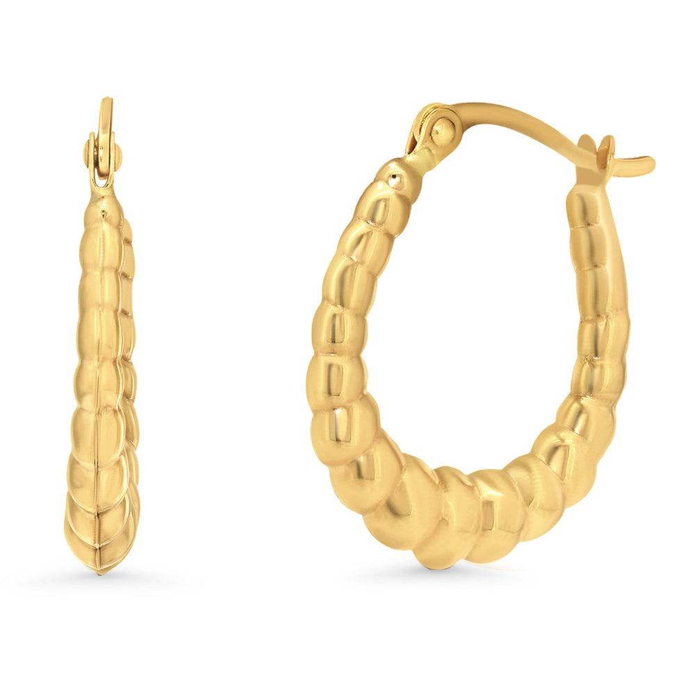 14k Gold Ribbed Oval Hoop Earrings with Latch Back