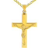 Load image into Gallery viewer, 14k Yellow Gold Roman Catholic Cross Crucifix with Jesus Christ Pendant Figaro Necklace
