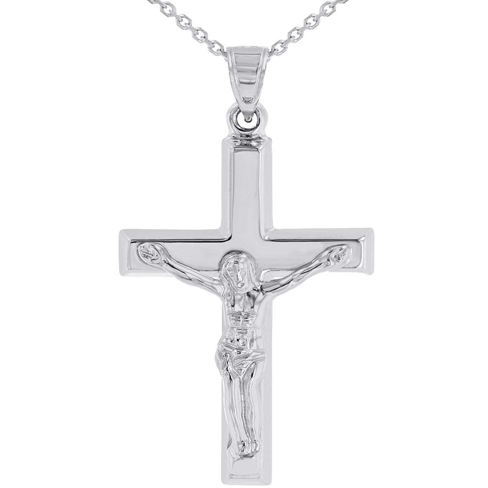 14k White Gold Roman Catholic Cross Crucifix with Jesus Christ Pendant Necklace