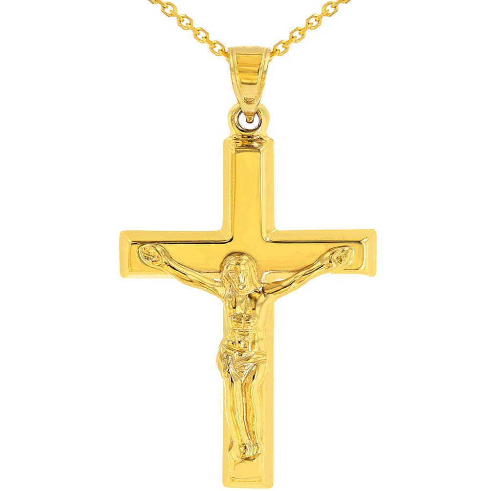 14k Yellow Gold Roman Catholic Cross Crucifix with Jesus Christ Pendant Necklace