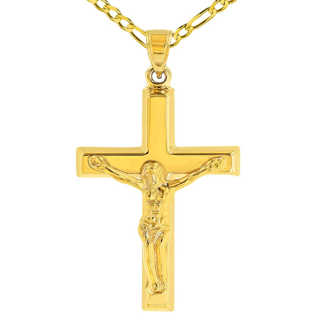 14k Yellow Gold Roman Catholic Cross Crucifix with Jesus Christ Pendant Figaro Necklace