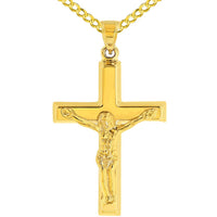 Load image into Gallery viewer, 14k Yellow Gold Roman Catholic Cross Crucifix with Jesus Christ Pendant Cuban Necklace
