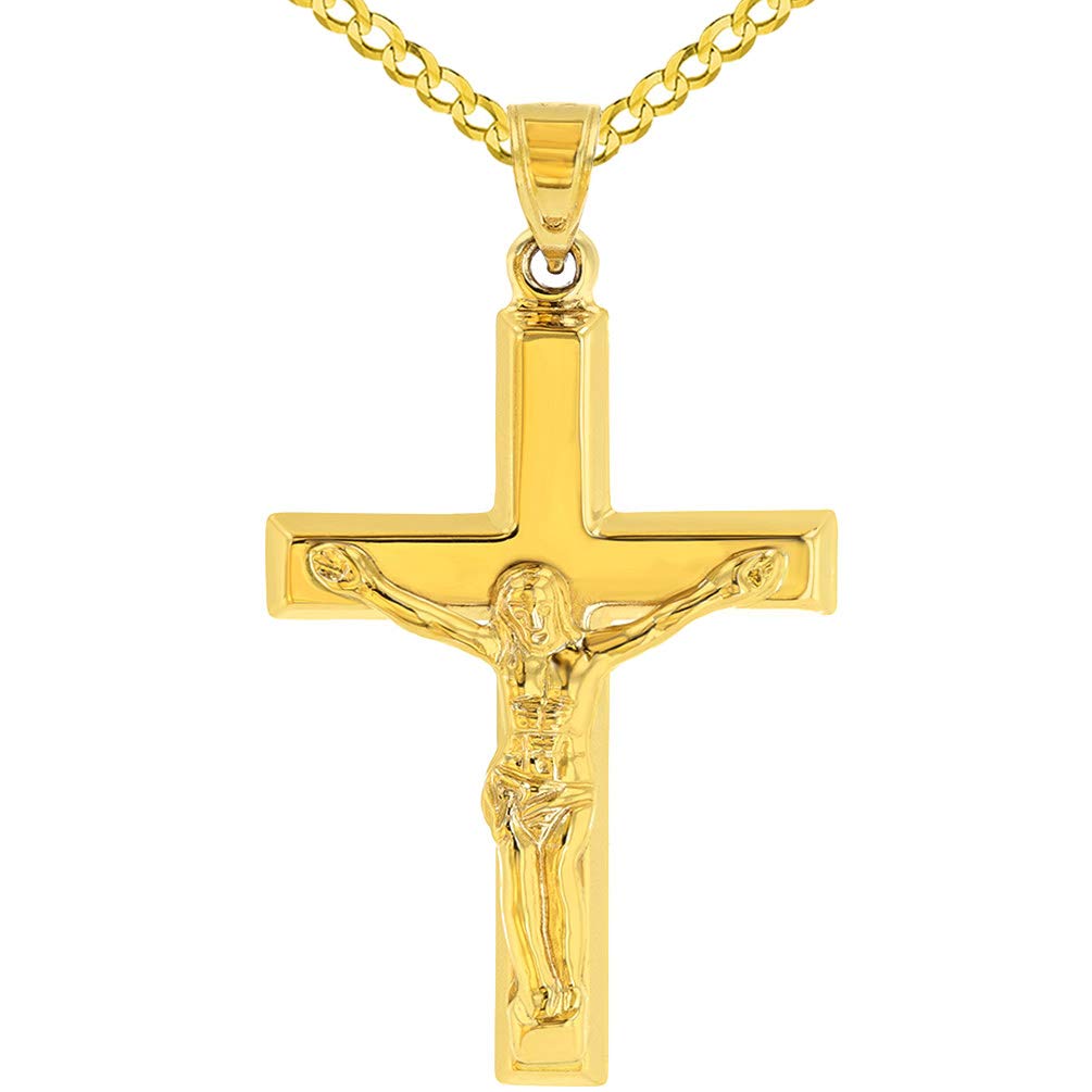 14k Yellow Gold Roman Catholic Cross Crucifix with Jesus Christ Pendant Cuban Necklace
