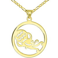 Load image into Gallery viewer, Solid 14k Yellow Gold Round Aquarius Zodiac Sign Cut-Out Vase Disc Pendant with Figaro Chain Necklace
