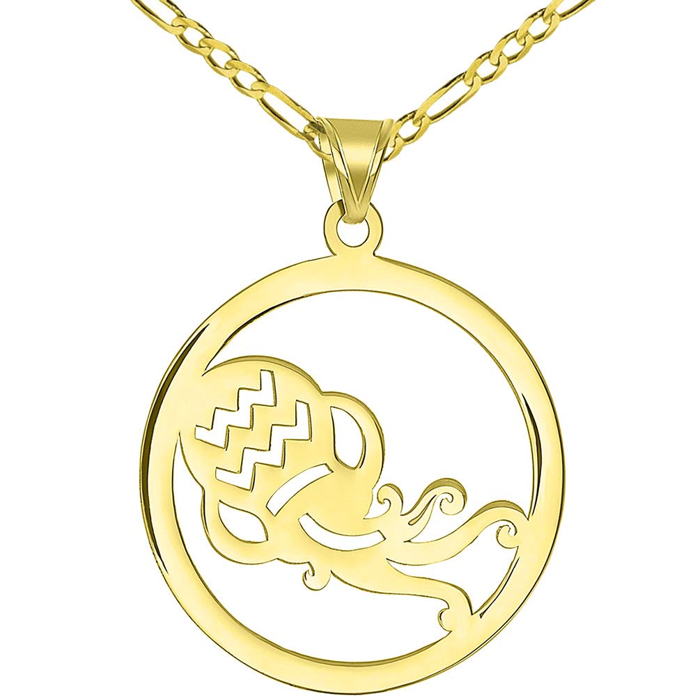 Solid 14k Yellow Gold Round Aquarius Zodiac Sign Cut-Out Vase Disc Pendant with Figaro Chain Necklace