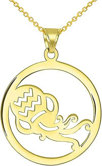 Load image into Gallery viewer, Solid 14k Yellow Gold Round Aquarius Zodiac Sign Cut-Out Vase Disc Pendant Necklace
