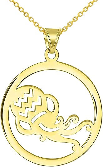 Solid 14k Yellow Gold Round Aquarius Zodiac Sign Cut-Out Vase Disc Pendant Necklace