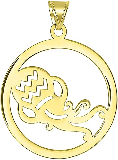 Solid 14k Yellow Gold Round Aquarius Zodiac Sign Cut-Out Vase Disc Pendant