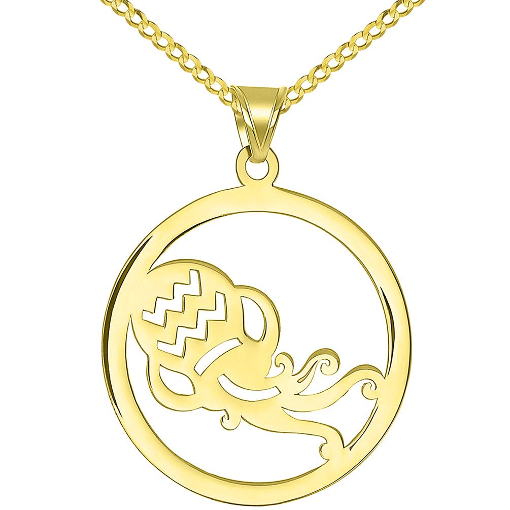 Solid 14k Yellow Gold Round Aquarius Zodiac Sign Cut-Out Vase Disc Pendant with Cuban Chain Necklace