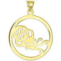 Load image into Gallery viewer, Solid 14k Yellow Gold Round Aquarius Zodiac Sign Cut-Out Vase Disc Pendant with Figaro Chain Necklace
