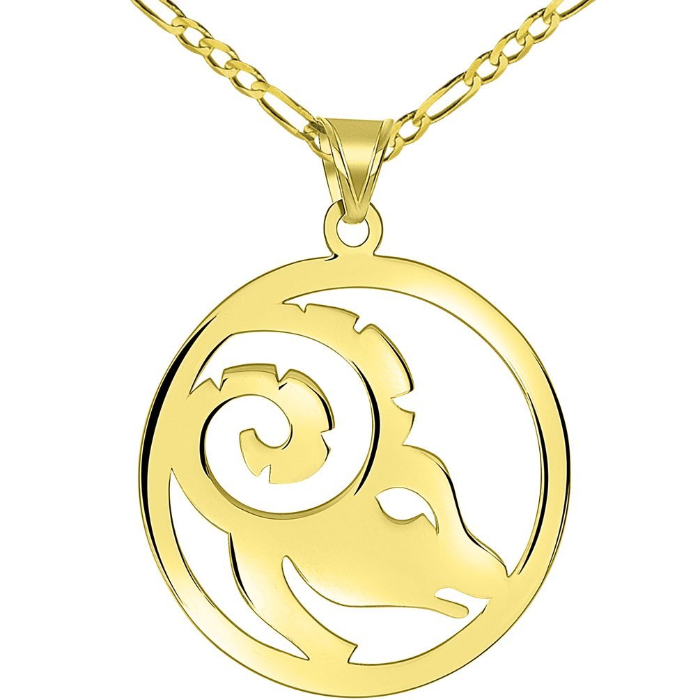 Solid 14k Yellow Gold Round Aries Zodiac Sign Cut-Out Ram Head Pendant with Figaro Chain Necklace