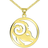 Load image into Gallery viewer, Solid 14k Yellow Gold Round Aries Zodiac Sign Cut-Out Ram Head Pendant with Cuban Chain Necklace

