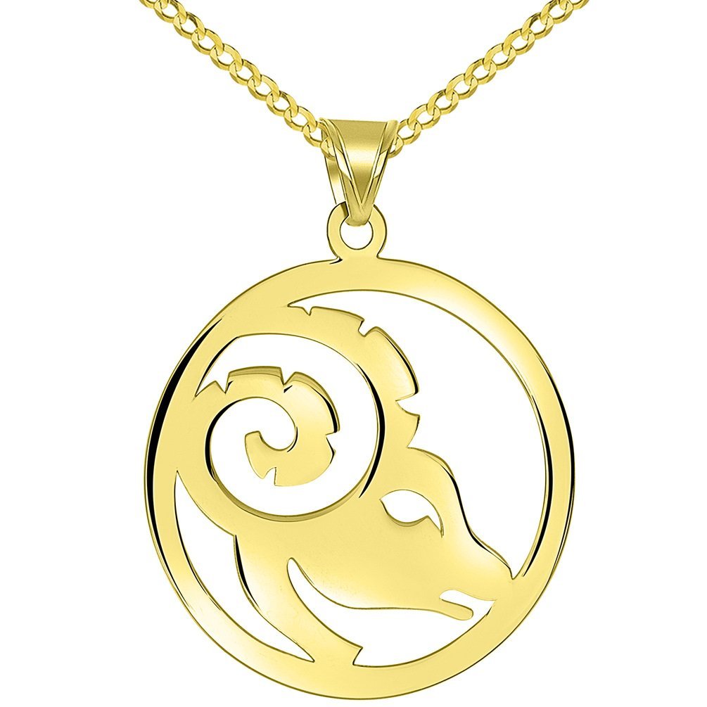 Solid 14k Yellow Gold Round Aries Zodiac Sign Cut-Out Ram Head Pendant with Cuban Chain Necklace