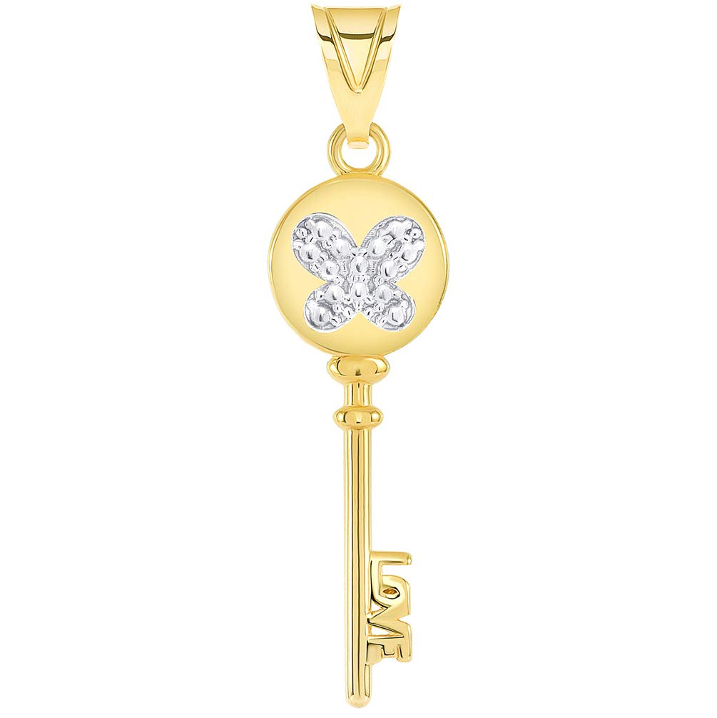 14k Yellow Gold Round Bow Handle Two Tone Butterfly Love Key Pendant
