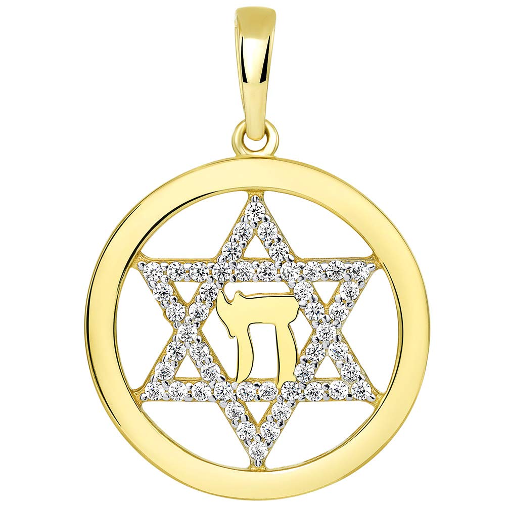 14k Yellow Gold Round CZ Jewish Star of David with Chai Symbol Pendant