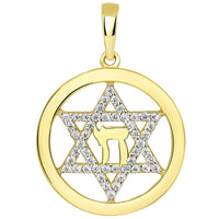 Load image into Gallery viewer, 14k Yellow Gold Round CZ Jewish Star of David with Chai Symbol Pendant Necklace
