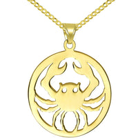 Load image into Gallery viewer, Solid 14k Yellow Gold Round Cancer Zodiac Sign Crab Disc Pendant with Cuban Chain Necklace
