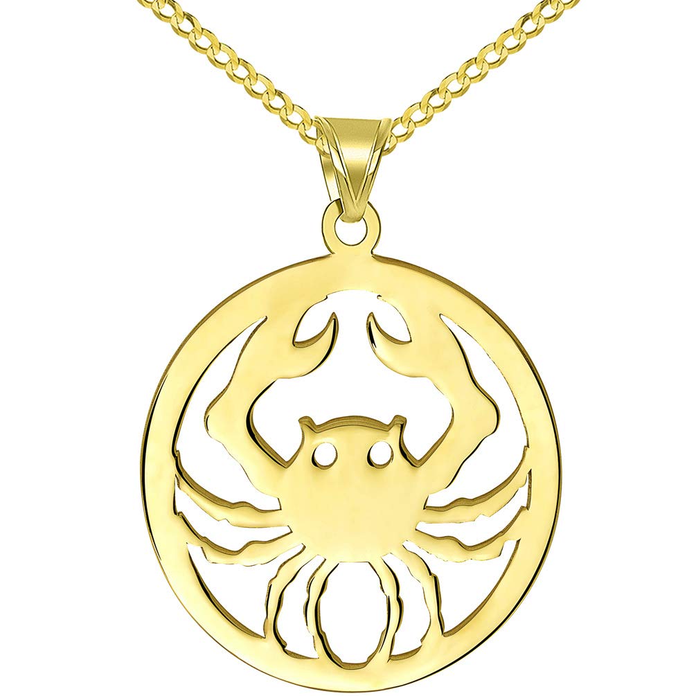 Solid 14k Yellow Gold Round Cancer Zodiac Sign Crab Disc Pendant with Cuban Chain Necklace