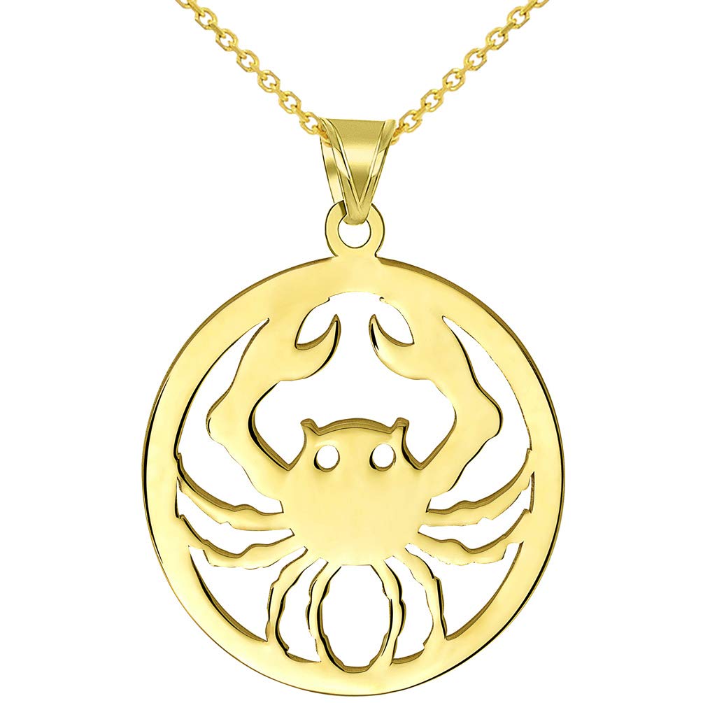 Solid 14k Yellow Gold Round Cancer Zodiac Sign Crab Disc Pendant Necklace