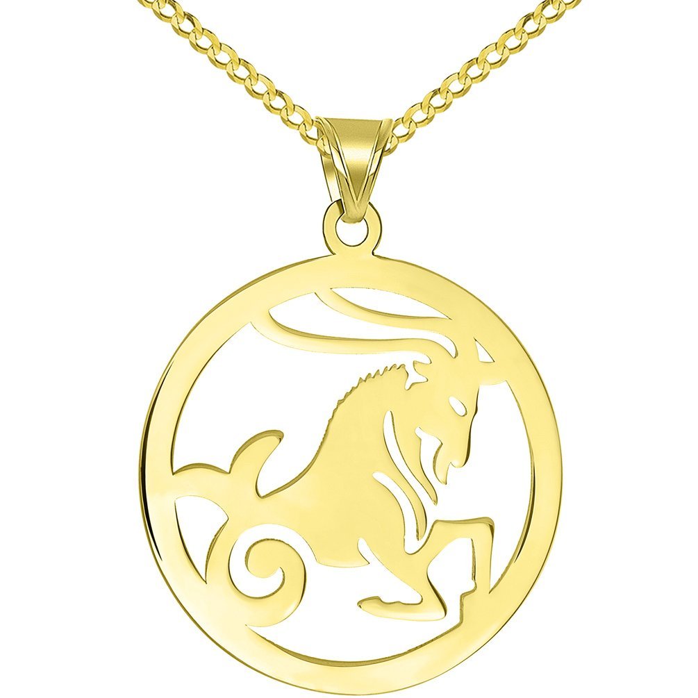 Solid 14k Yellow Gold Round Capricorn Zodiac Sign Goat Cut-Out Disc Pendant with Cuban Chain Necklace