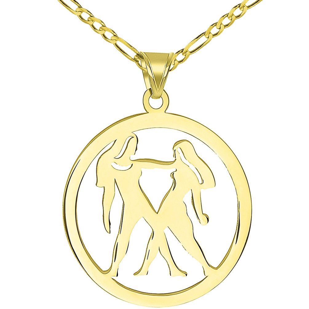 Solid 14k Yellow Gold Round Gemini Twins Zodiac Sign Cut-Out Disc Pendant with Figaro Chain Necklace
