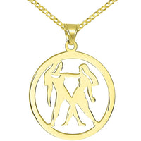 Load image into Gallery viewer, Solid 14k Yellow Gold Round Gemini Twins Zodiac Sign Cut-Out Disc Pendant with Cuban Chain Necklace
