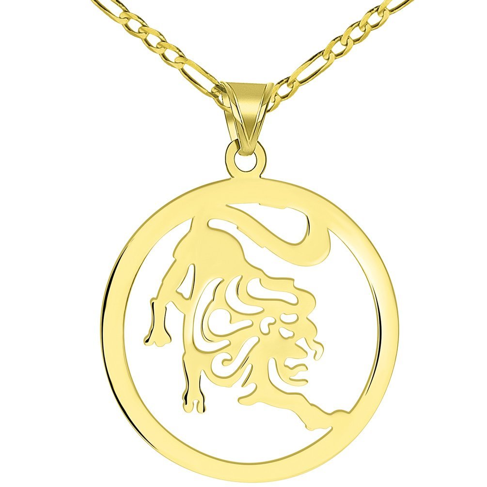 Solid 14k Yellow Gold Round Leo Zodiac Symbol Cut-Out Lion Pendant with Figaro Chain Necklace