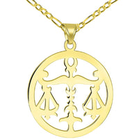Load image into Gallery viewer, Solid 14k Yellow Gold Round Libra Zodiac Sign Scale Disc Pendant with Figaro Chain Necklace
