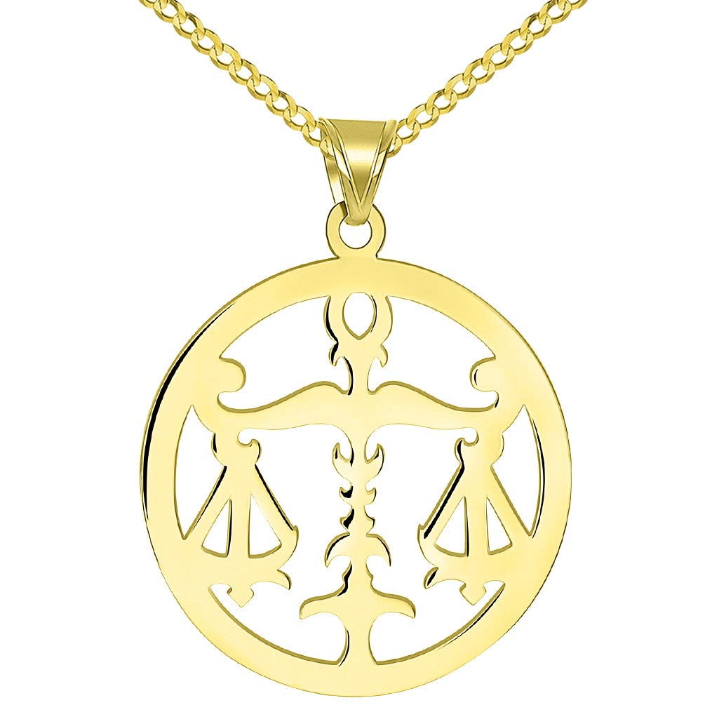 14k Gold Round Libra Zodiac Sign Scale Disc Pendant Necklace