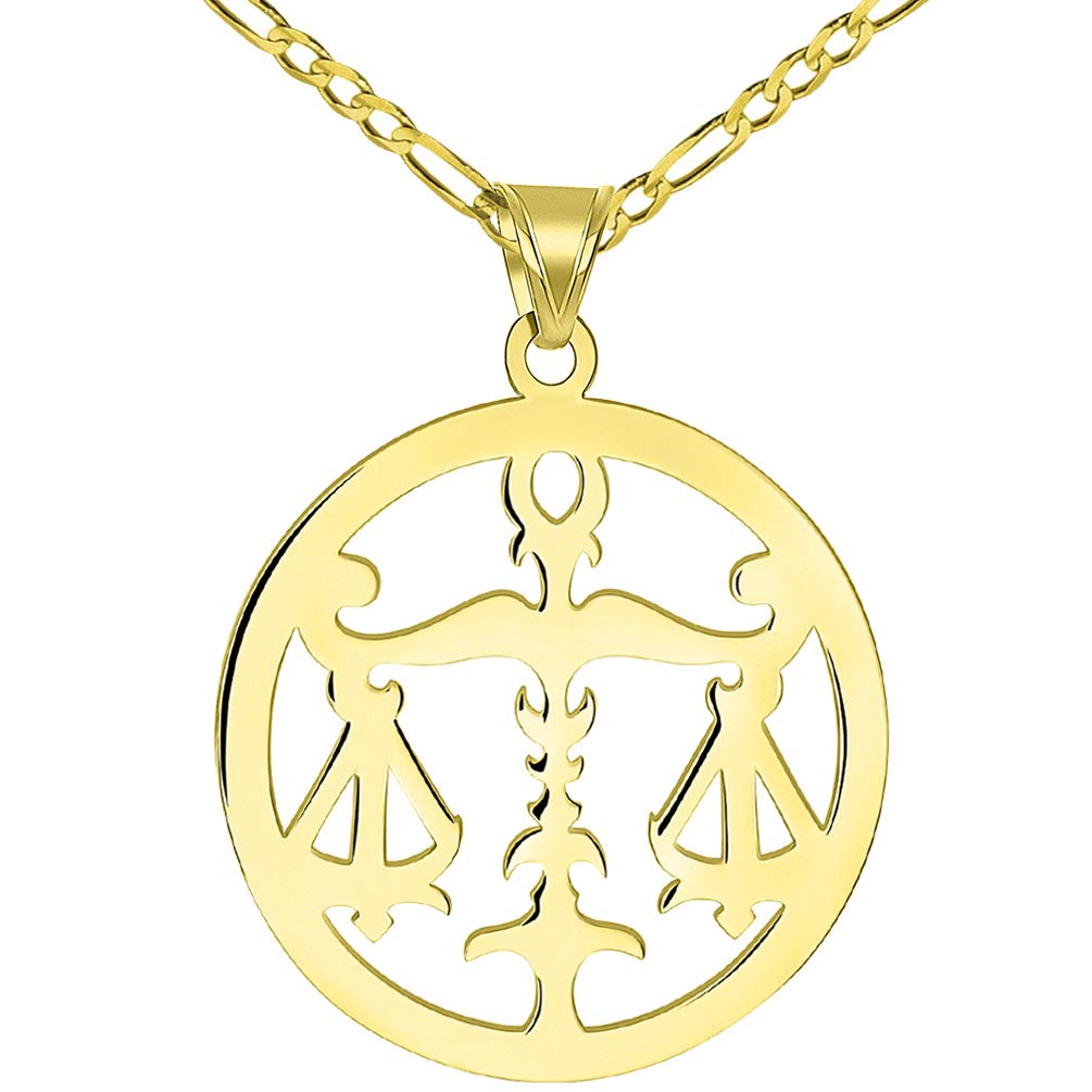 Solid 14k Yellow Gold Round Libra Zodiac Sign Scale Disc Pendant with Figaro Chain Necklace