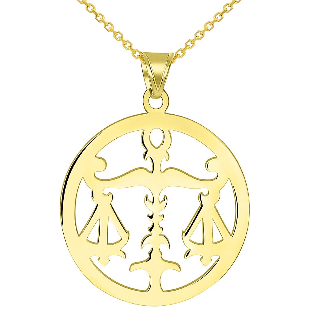 Solid 14k Yellow Gold Round Libra Zodiac Sign Scale Disc Pendant Necklace