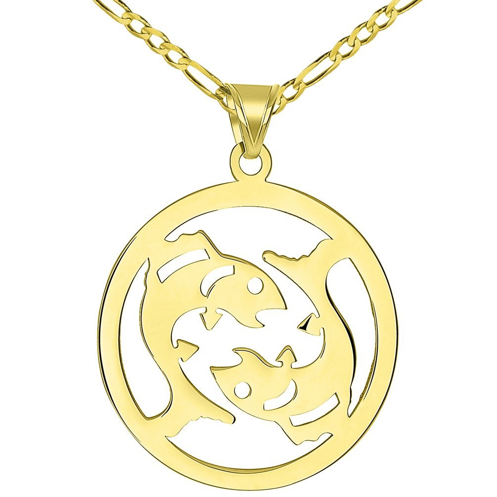Solid 14k Yellow Gold Round Pisces Zodiac Symbol Cut-Out Fish Pendant with Figaro Chain Necklace