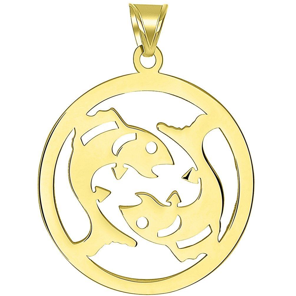 Solid 14k Yellow Gold Round Pisces Zodiac Symbol Cut-Out Fish Pendant