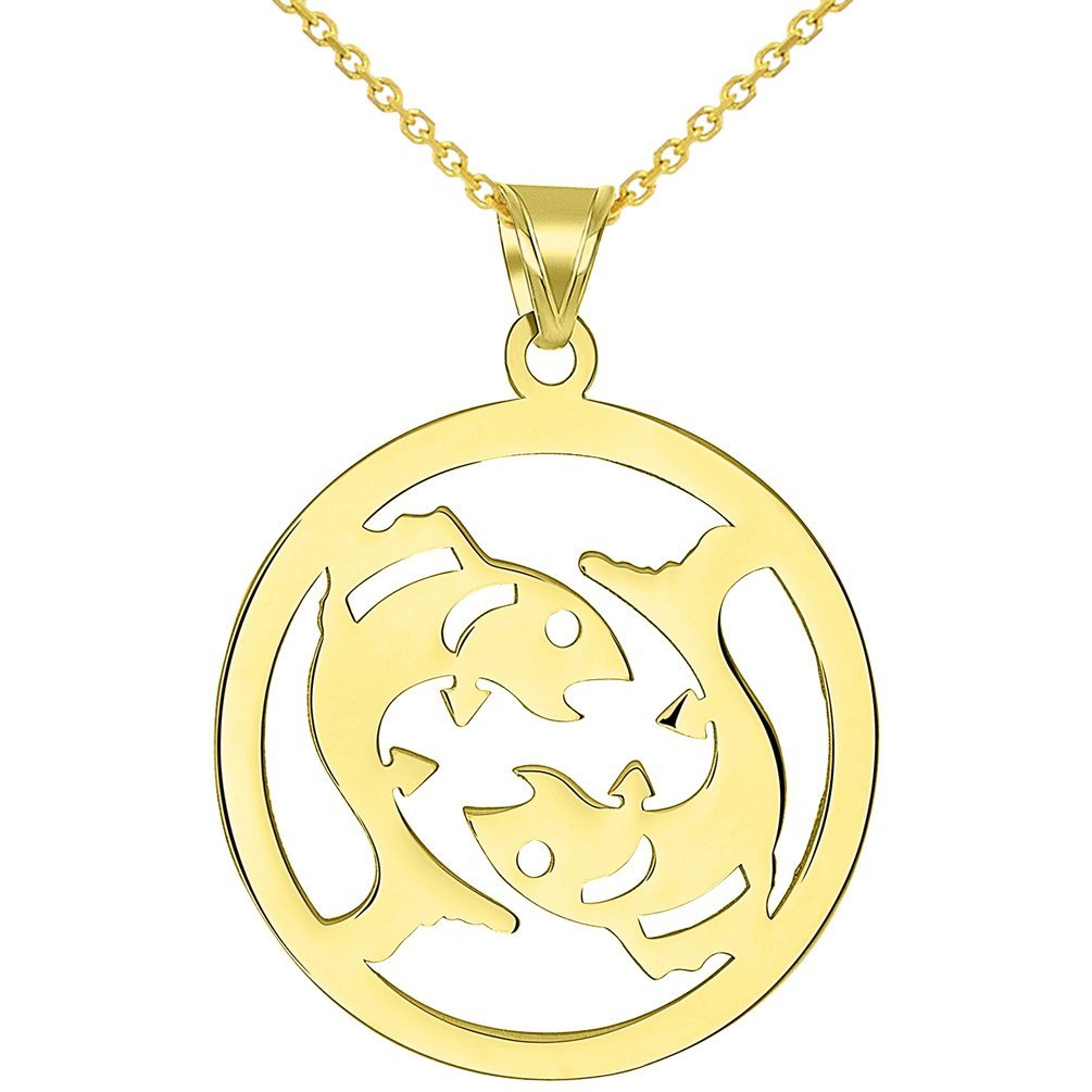 Solid 14k Yellow Gold Round Pisces Zodiac Symbol Cut-Out Fish Pendant Necklace