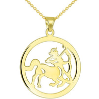 Load image into Gallery viewer, Solid 14k Yellow Gold Round Sagittarius Zodiac Sign Cut-Out Disc Pendant Necklace
