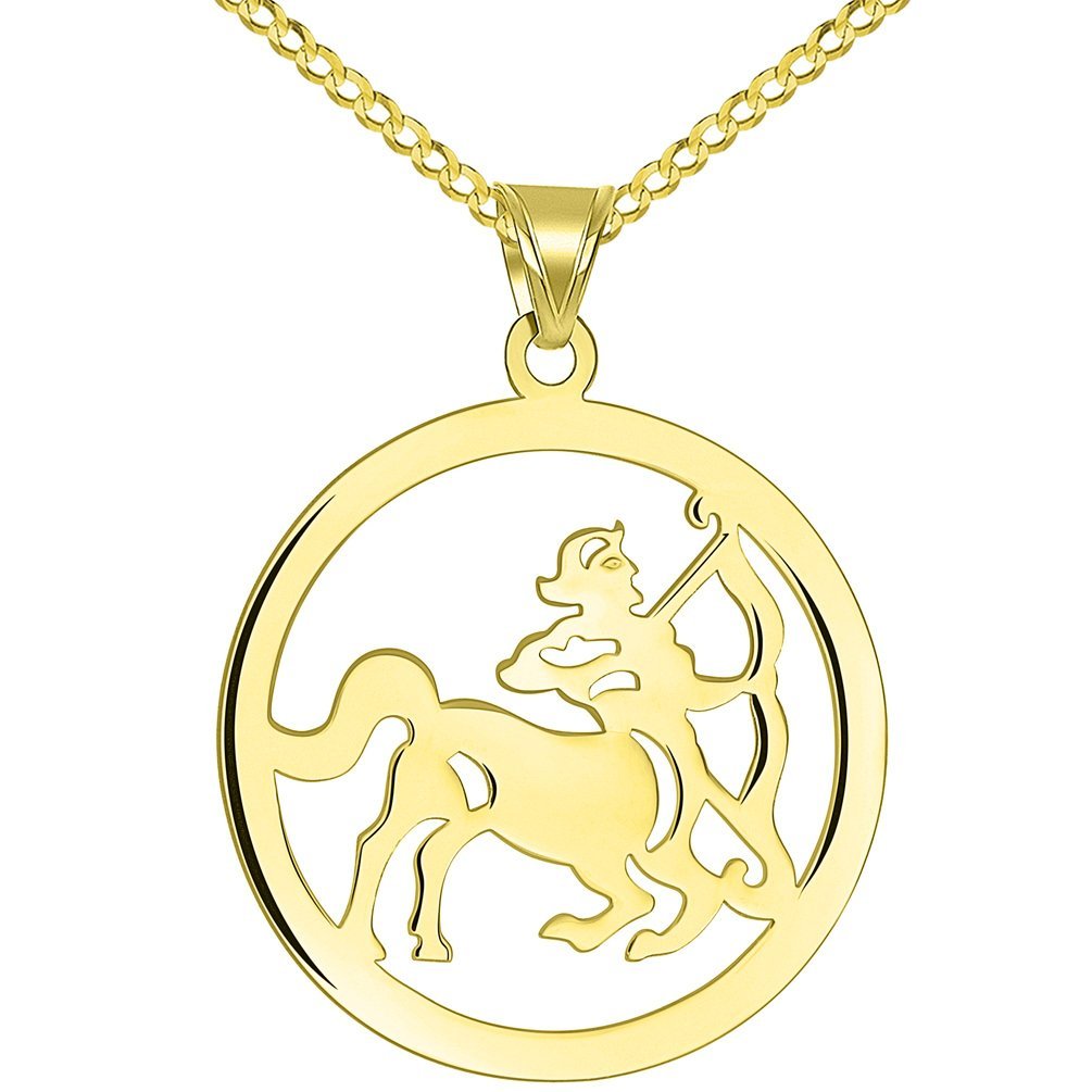 Solid 14k Yellow Gold Round Sagittarius Zodiac Sign Cut-Out Disc Pendant with Cuban Chain Necklace