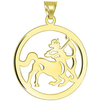 Load image into Gallery viewer, Solid 14k Yellow Gold Round Sagittarius Zodiac Sign Cut-Out Disc Pendant with Cuban Chain Necklace
