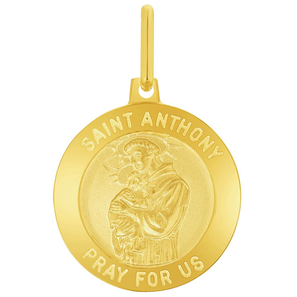 Solid 14k Yellow Gold Round Saint Anthony Pray For Us Medal Pendant - 2 Sizes