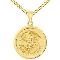 Load image into Gallery viewer, Solid 14k Yellow Gold Round Saint Michael the Archangel Medallion Pendant with Figaro Chain Necklace
