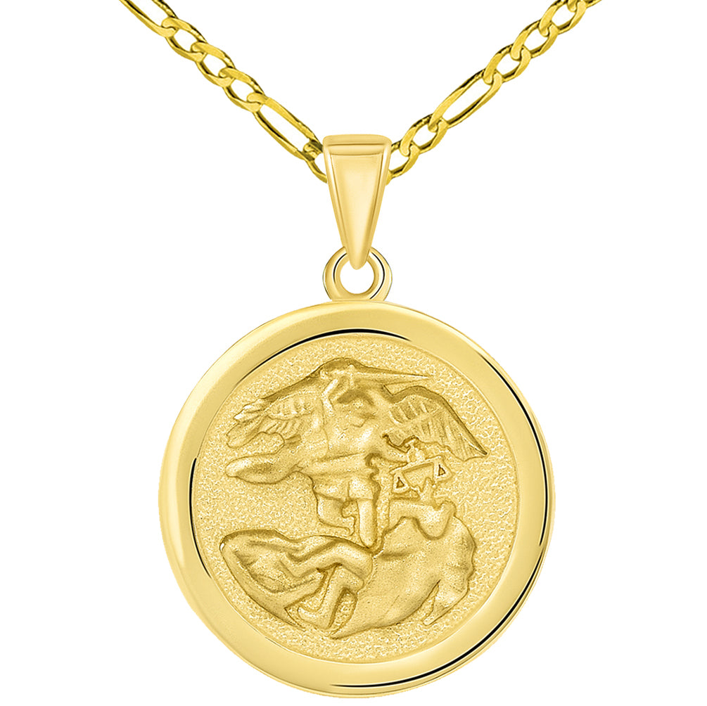 Solid 14k Yellow Gold Round Saint Michael the Archangel Medallion Pendant with Figaro Chain Necklace