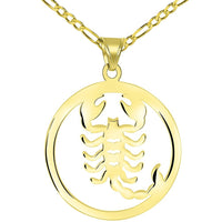 Load image into Gallery viewer, Solid 14k Yellow Gold Round Scorpio Zodiac Symbol Cut-Out Scorpion Pendant with Figaro Chain Necklace
