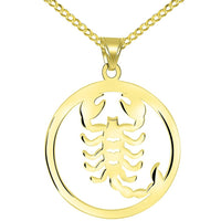 Load image into Gallery viewer, Solid 14k Yellow Gold Round Scorpio Zodiac Symbol Cut-Out Scorpion Pendant with Cuban Chain Necklace
