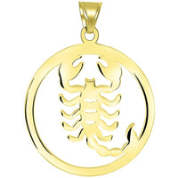 Load image into Gallery viewer, Solid 14k Yellow Gold Round Scorpio Zodiac Symbol Cut-Out Scorpion Pendant with Figaro Chain Necklace
