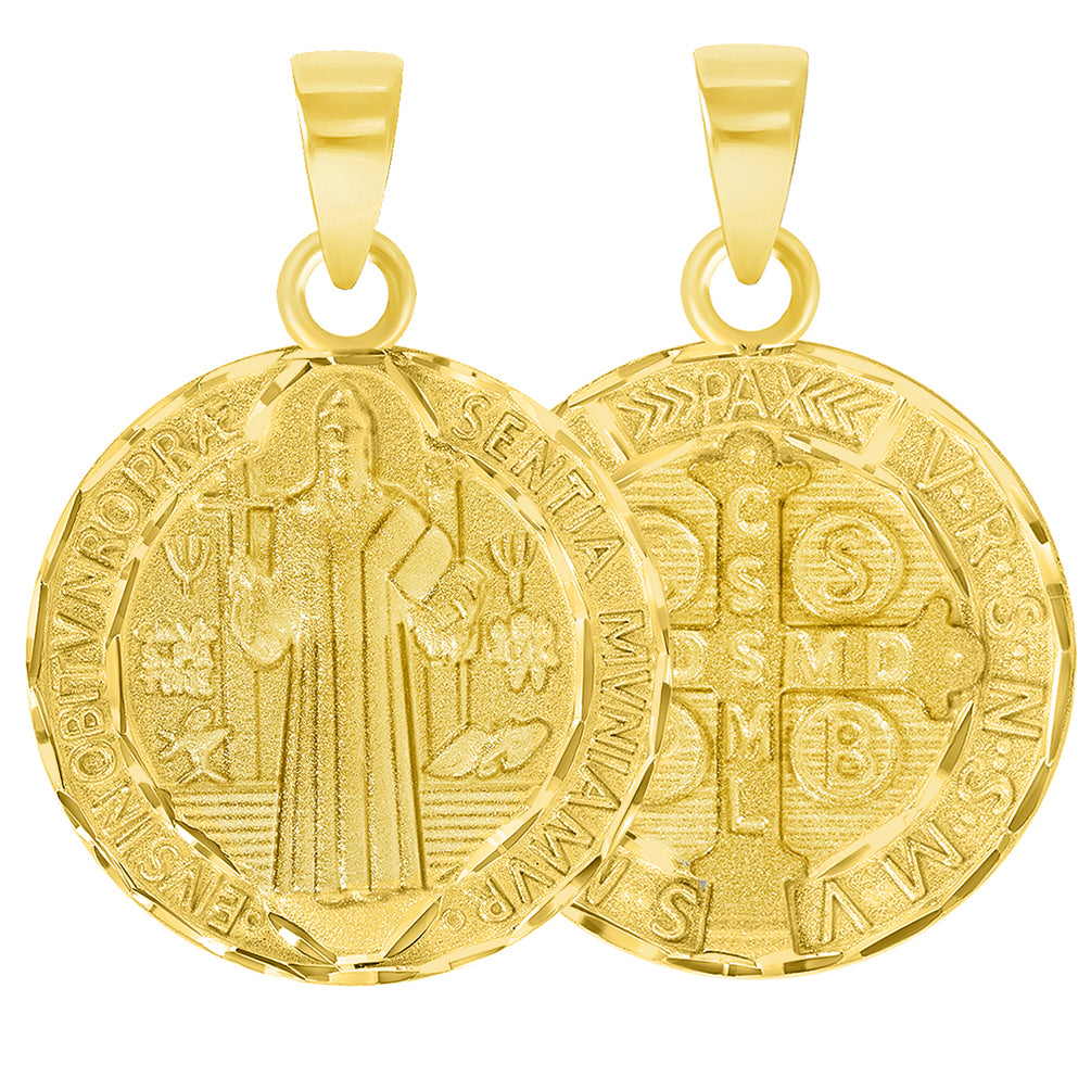 Solid 14k Yellow Gold Round Shaped St. Benedict Medallion Charm Pendant (Reversible)