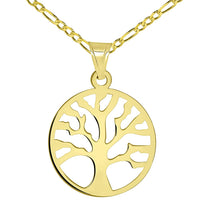 Load image into Gallery viewer, Solid 14k Yellow Gold Round Shaped Tree of Life Disc Pendant with Figaro Chain Necklace
