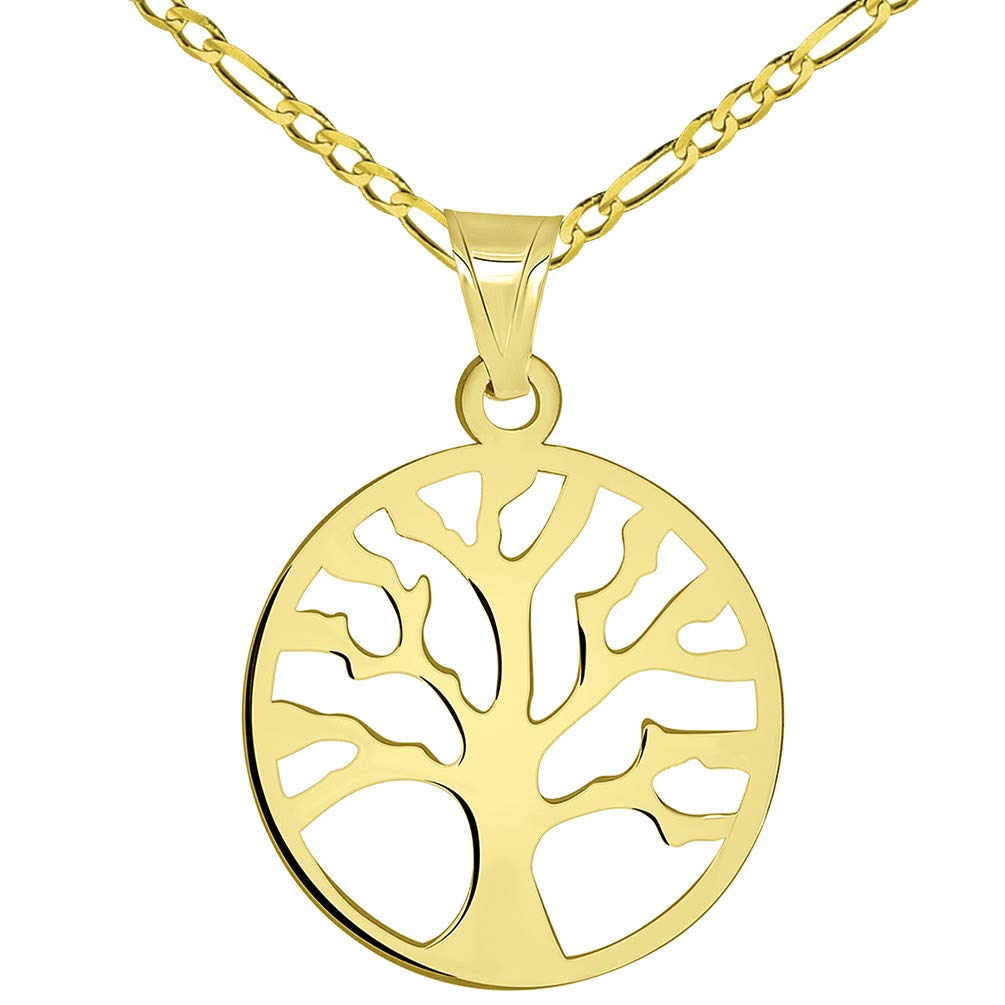 Solid 14k Yellow Gold Round Shaped Tree of Life Disc Pendant with Figaro Chain Necklace