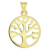 Load image into Gallery viewer, Solid 14k Yellow Gold Round Shaped Tree of Life Disc Pendant with Figaro Chain Necklace
