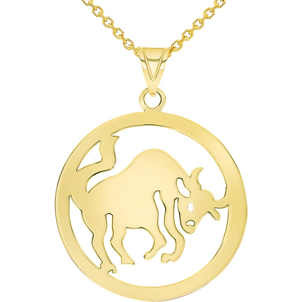 Solid 14k Yellow Gold Round Taurus Zodiac Sign Bull Disc Pendant Necklace Available with Rolo, Cuban, or Figaro Chain