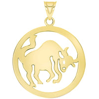 Load image into Gallery viewer, Solid 14k Yellow Gold Round Taurus Zodiac Sign Bull Disc Pendant Necklace Available with Rolo, Cuban, or Figaro Chain
