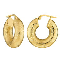 Load image into Gallery viewer, 14k Yellow Gold Round Textured D/C Hoop Earrings with Latch Back, 7mm Wide
